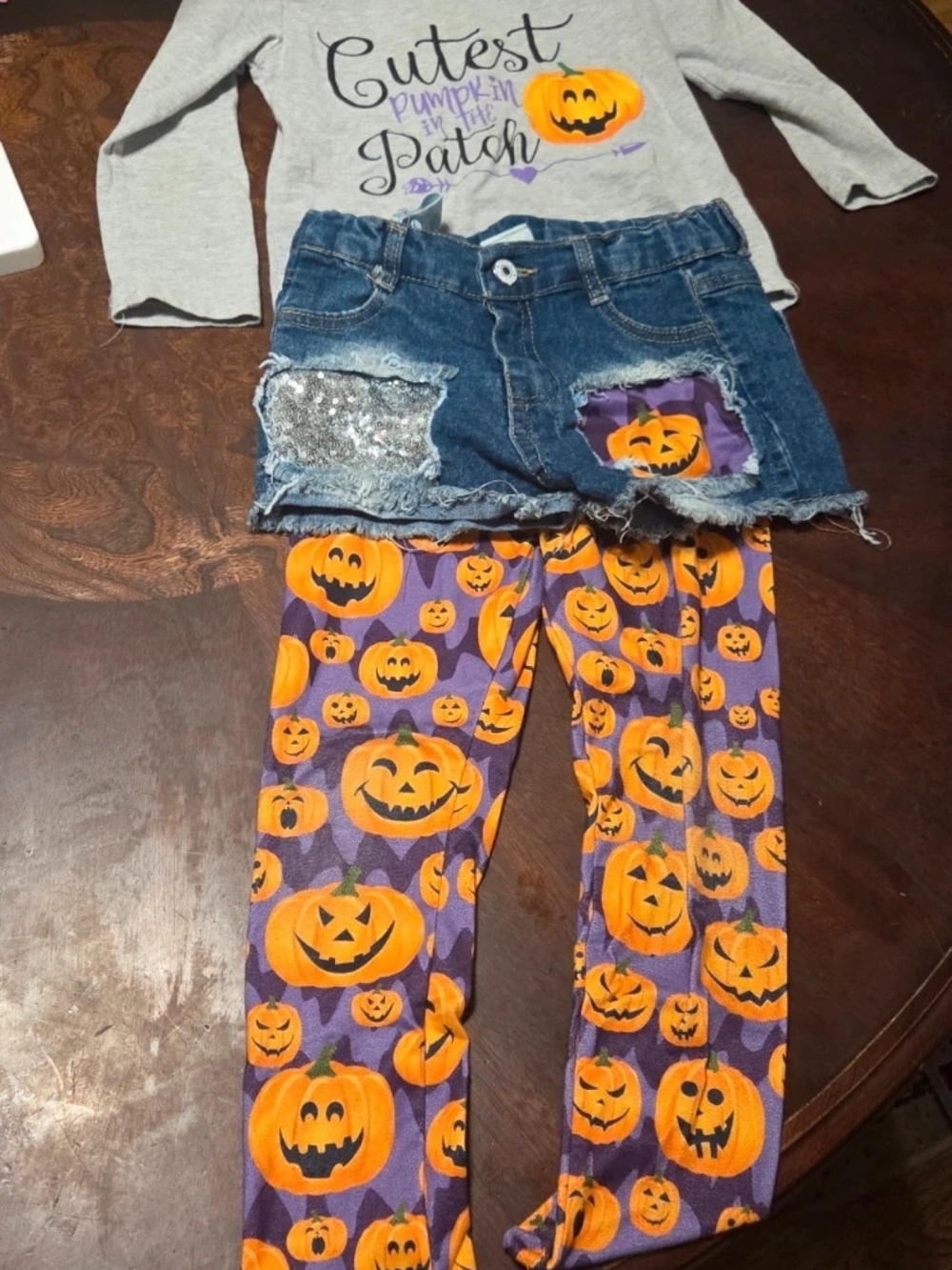 Girls Halloween Pumpkin Legging and Denim Skirt Outfit - Purple & Orange L (6/7)